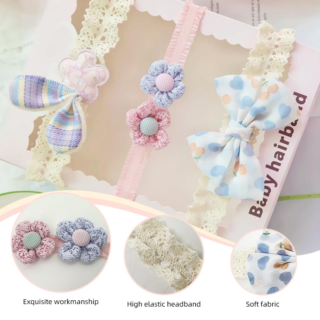 PALAY® 3pcs Headband for Baby Girl, Lace Flower Baby Headband, Bow Hair Bands for Baby, Elastic Baby Hairband, Cute Baby Girl Hair Bands for Toddler Girls Newborn Shower Gifts