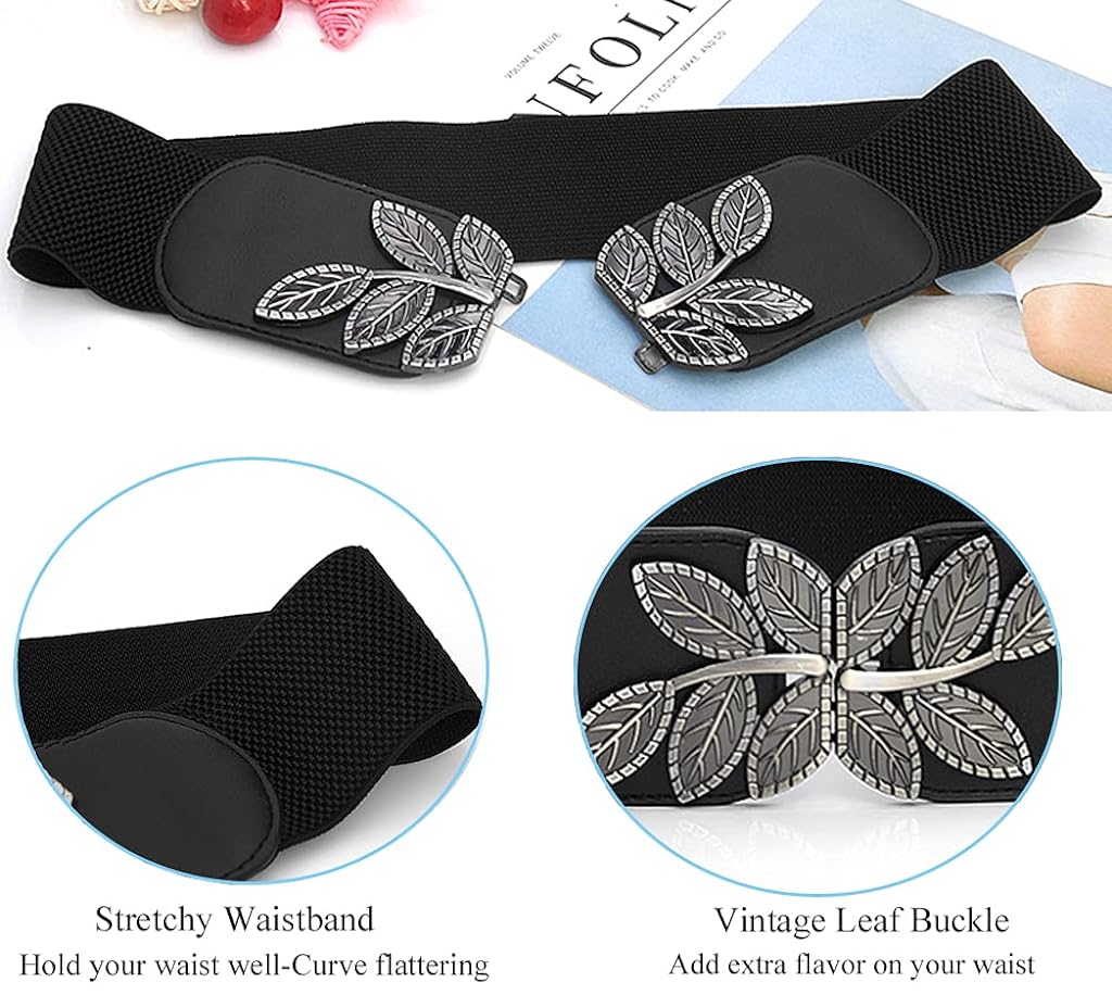 PALAY® Belts for Women Dresses Jumpsuit Dress Belts Vintage Elastic Wide Leaf Waist Belt Waistband (Black)