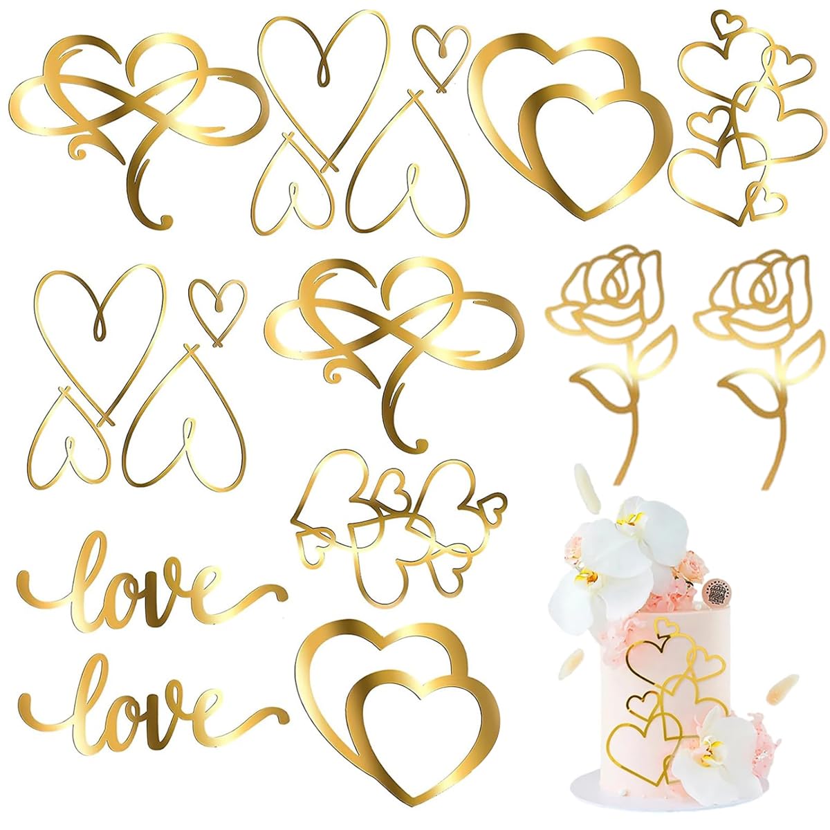 PALAY® 12Pcs Cake Decorations Luxury Golden Acrylic Rose Heart Shaped Cake Topper Decorations for Birthday Cake Anniversary Wedding Cake