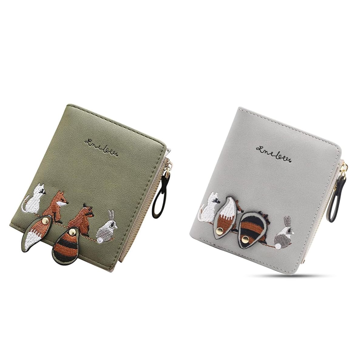 PALAY Wallet for Women 2pcs Set with Zipper Bi Fold Design and Fox Print PU Leather | Green and Grey Mini Purse 12 x 9.5 x 2 cm