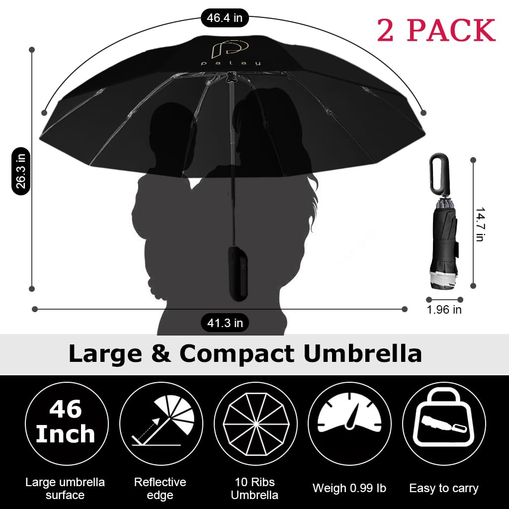 PALAY Umbrella for Travel and Outdoor Use with 50in Canopy and Carabiner Handle | Black
