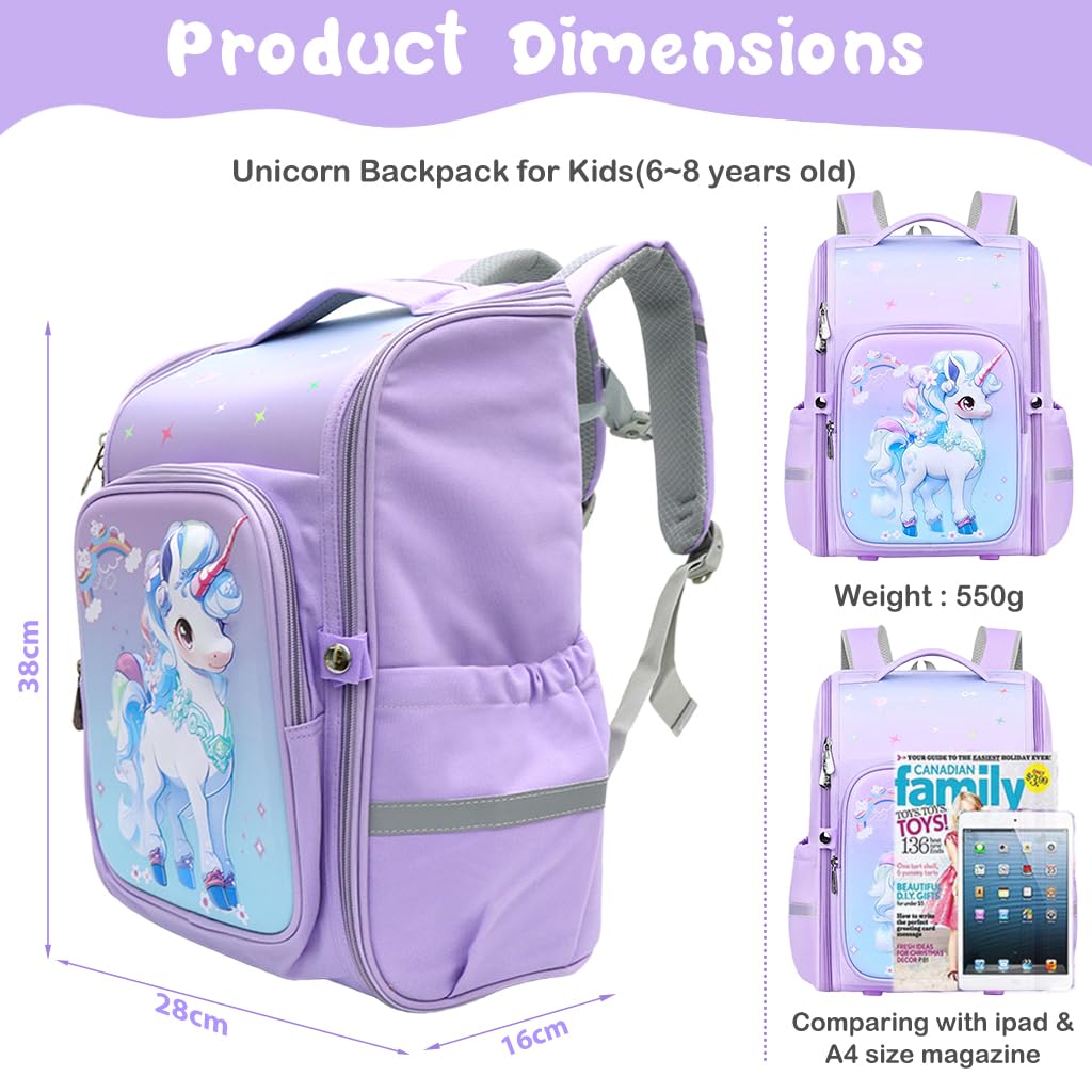 PALAY School Backpack for Girls with Full Opening Zipper and 30x18x40cm Double Layer Design | Purple Unicorn Bag for Students 6–12 Years