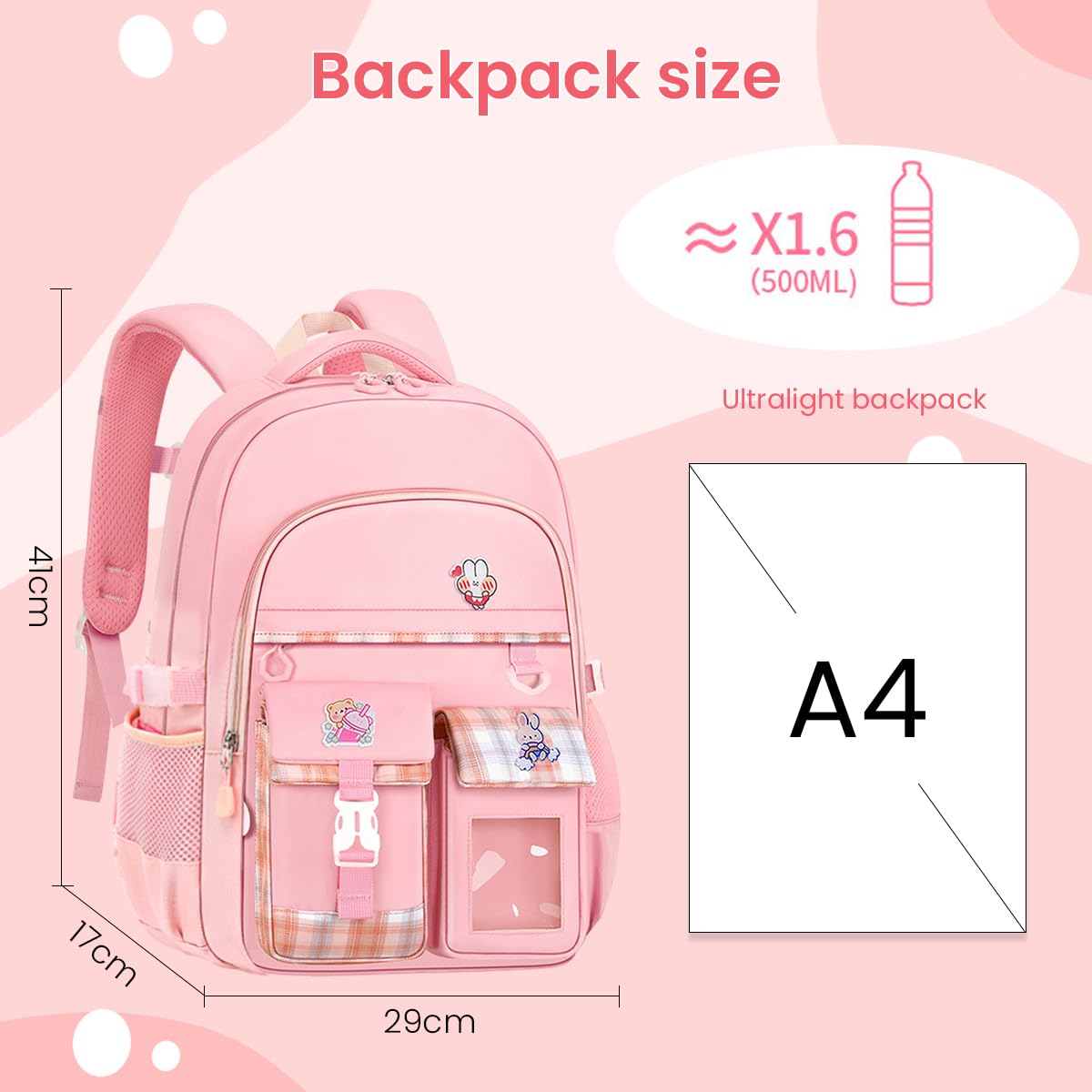 PALAY School Backpack for Girls with 3D Ergonomic Back 41×29×17cm Waterproof Oxford | Pink 2 PCS Set