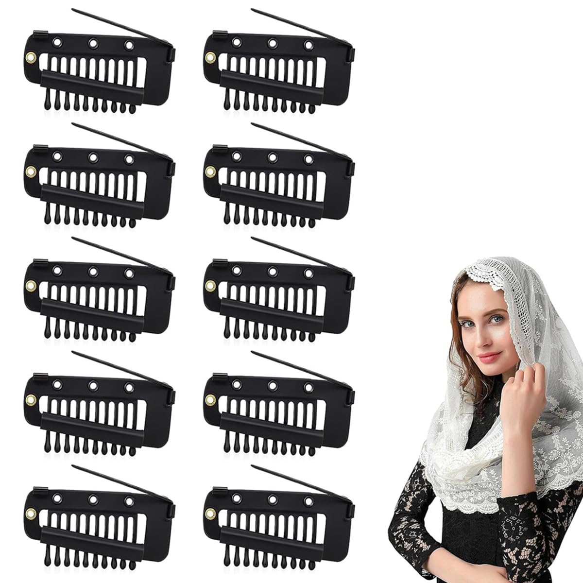 PALAY® 10Pcs Chunni Clips Dupatta Pins for Bride, Wig Clip with Safety Pins, Strong Grip Invisible Clip for Hair Extensions, Stainless Steel Fixing Clips for Chunni, Shawl, Headscarf - Black