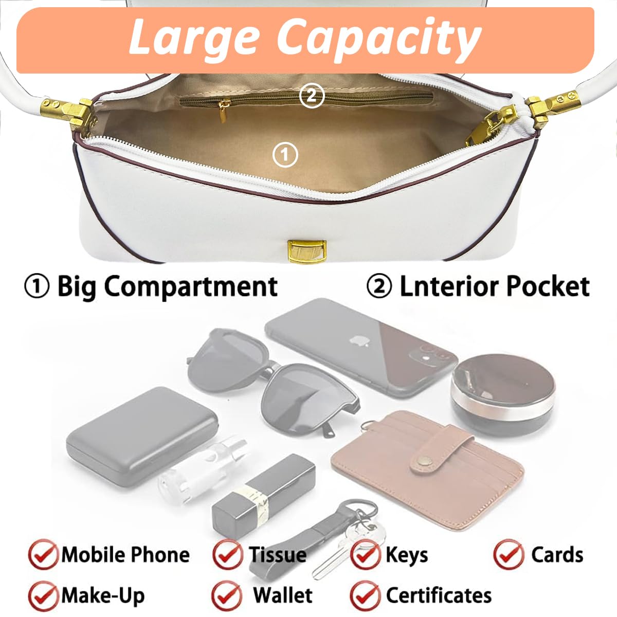 PALAY® Women Shoulder Bag Chic Hand Bag for Women Elegant White Evening Bag Fashion Golden Metal Buckle Design Hand Bag PU Leather Shoulder Bag, 28x9x11cm