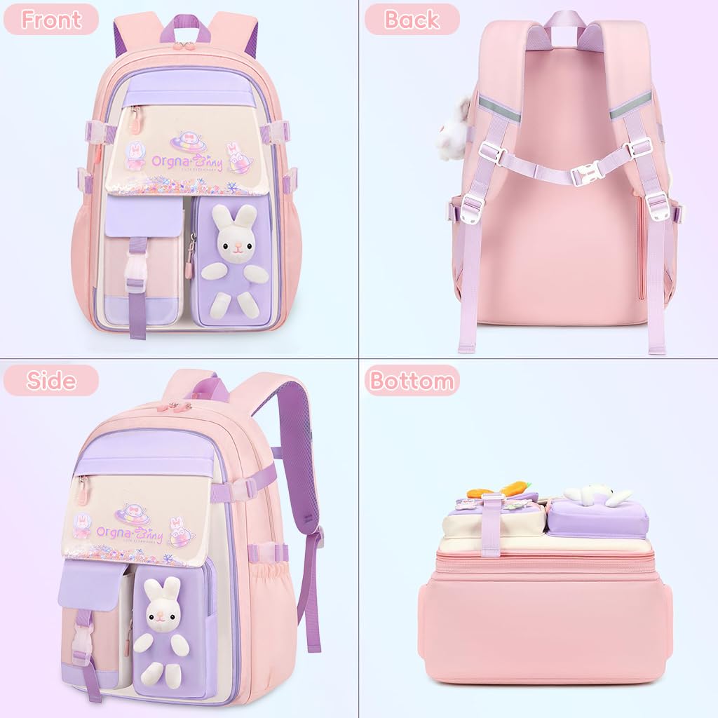 PALAY School Bag for Girls with Lunch Box and Pencil Case Set | Waterproof Pink Bunny Design