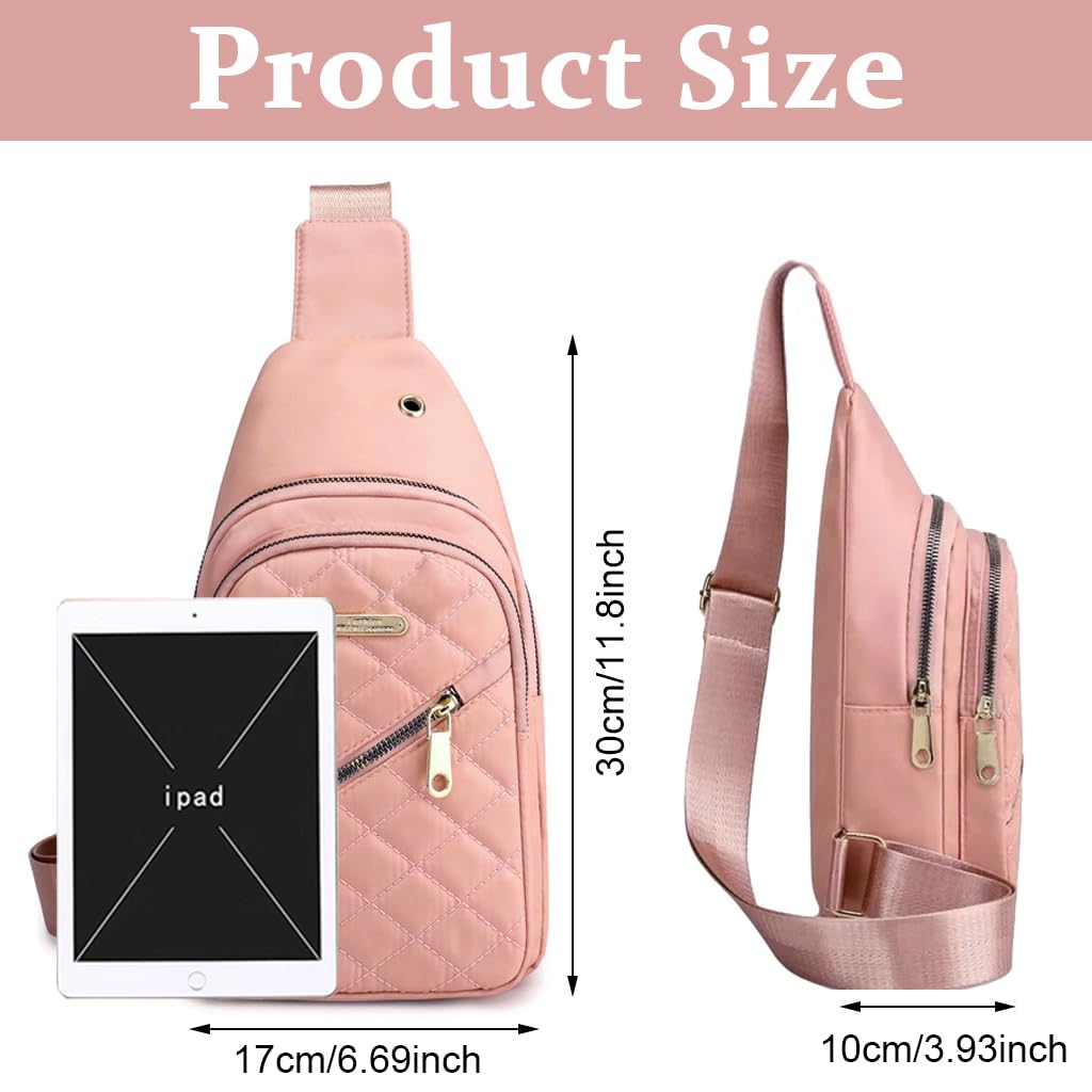 PALAY Crossbody Sling Bag for Women with 3 Zipper Pockets and Earphone Cable Hole | Pink Oxford Cloth Shoulder Bag 17x5x30cm