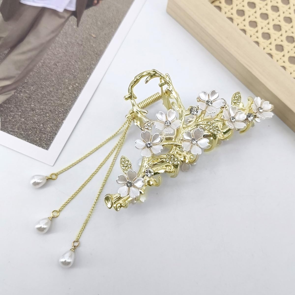 PALAY Big Hair Claw Clips for Women featuring Jasmine Flower Tassel Rhinestones | Strong Metal Hold