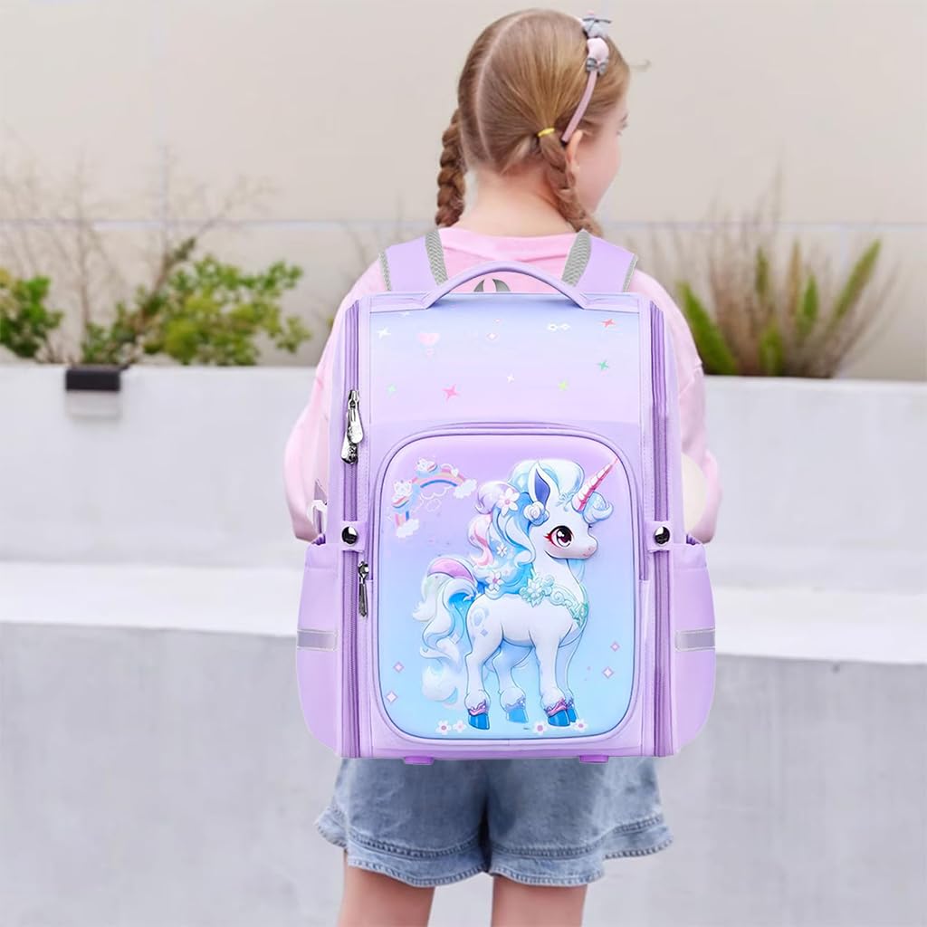 PALAY School Backpack for Girls with Full Opening Zipper and 30x18x40cm Double Layer Design | Purple Unicorn Bag for Students 6–12 Years