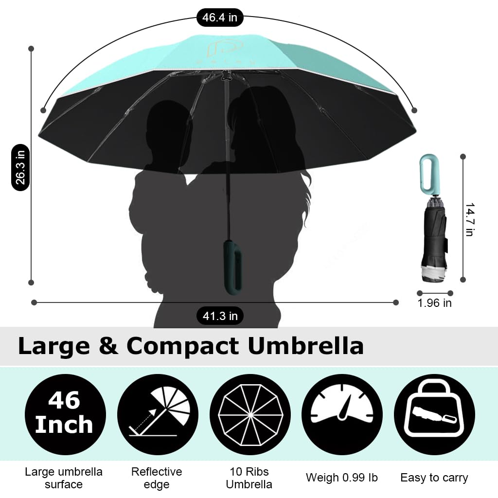 PALAY® Large Umbrella for Men Women with Reflective Strap, 50'' Automatic Open/Close Windproof Travel Folding Umbrella, Reinforced 10 Dual Ribs, 99 UV Protection Umbrella with Carabiner Handle Design