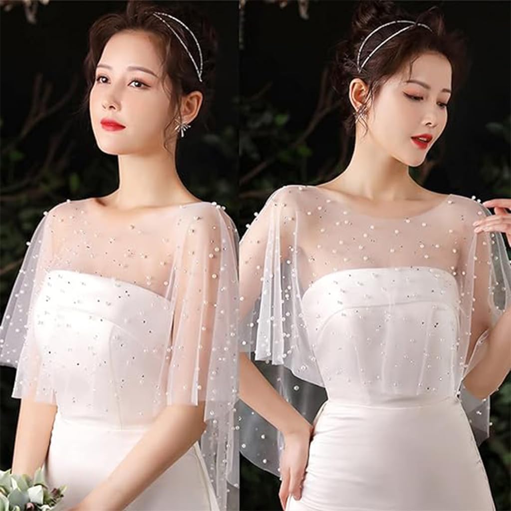 PALAY® White Tulle Shawls Detachable Pearl Capes Cover Up Fashion Bridal Dresses Capelets for Party Clothing Accessories