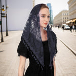 PALAY® Lace Mantilla Mass Veil Triangle Head Scarf for Women Tassle Rose Jacquard Church Veil Cathedral Headwear Head Covering for Ladies - Navy Blue