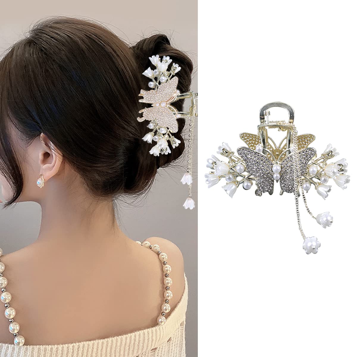 PALAY® Pearl Hair Claw Clips for Women Tassel Butterfly Large Hair Clip Clutchers for Hair Golden Alloy Hair Styling Jaw Clips Bun Hair Accessories Gift