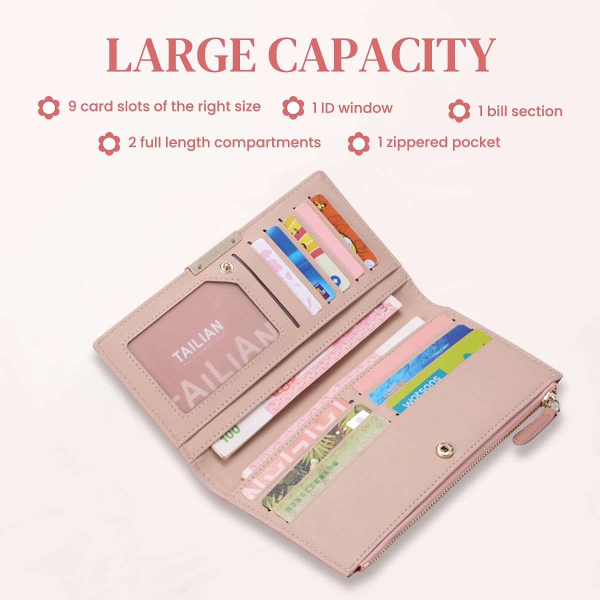 PALAY Wallet for Women with 11 Card Slots and Zipper Pouch in Pink PU Leather | 19.5x10 cm