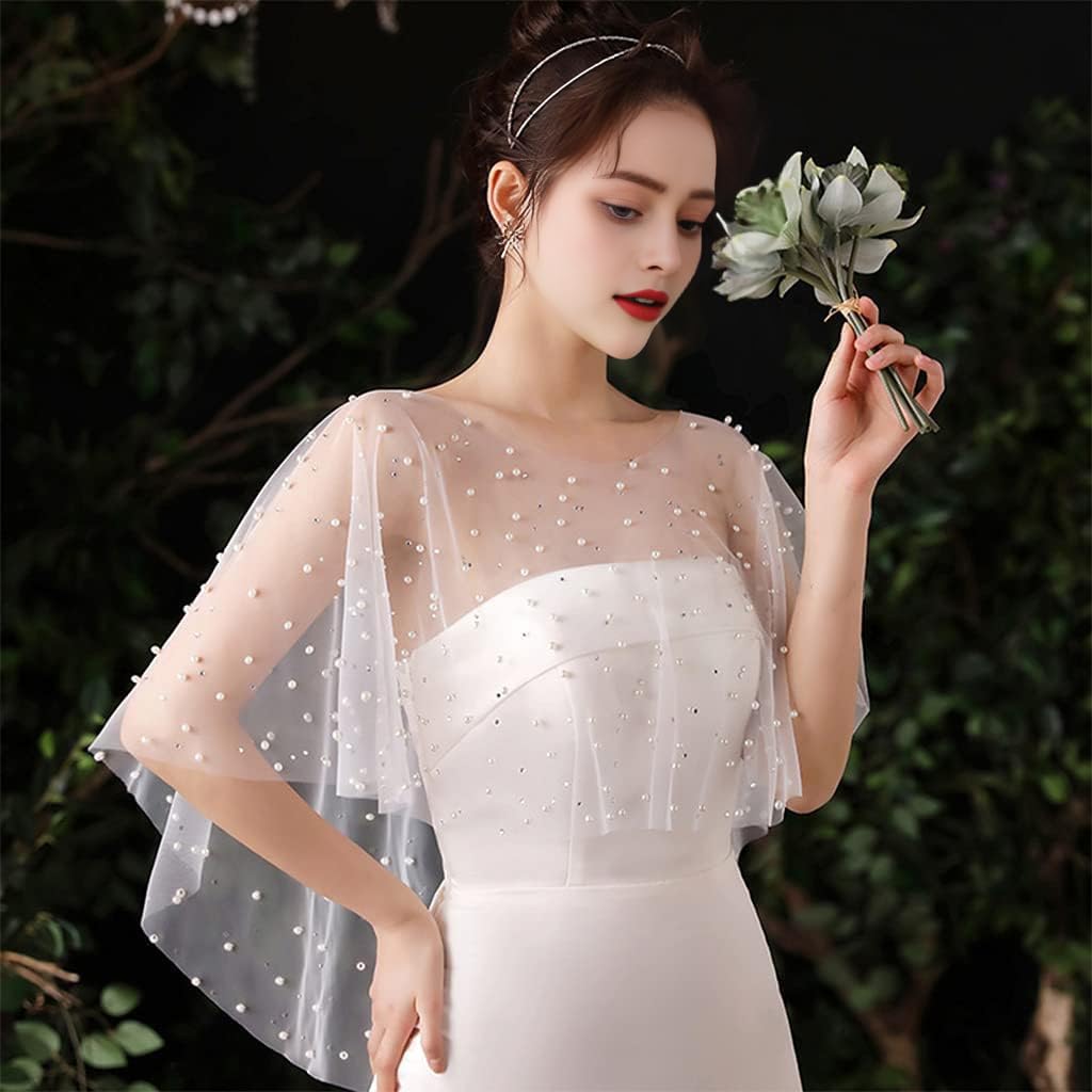 PALAY Pearl Shawl for Women featuring Tulle Lace and Pearls | Elegant White Wrap for Evening Dresses