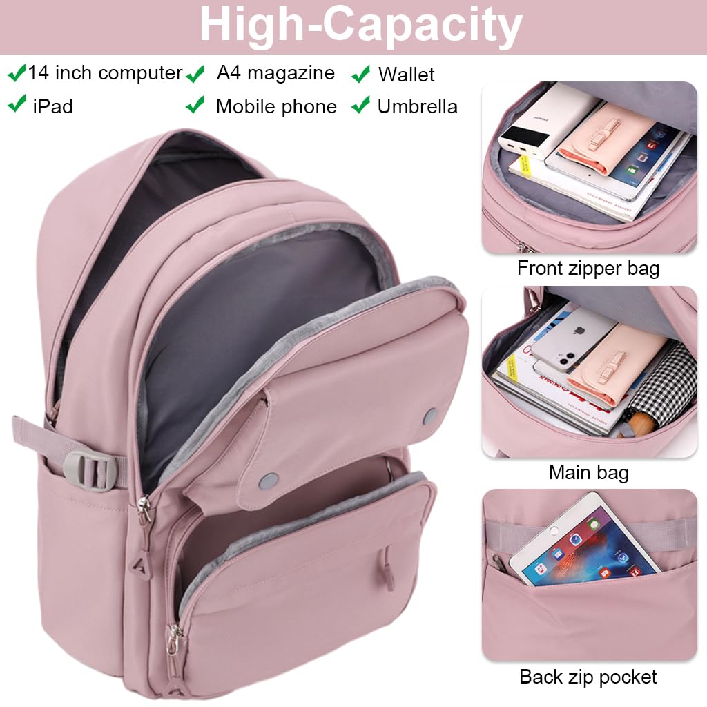 PALAY® School Bag For Girls For 7-12 Year Large Capacity 26L College Backpack For Women And Girls Stylish Water Resistant Trendy Laptop School Bag Travel Multi-Pouches Bagpacker Bag For Women - Pink