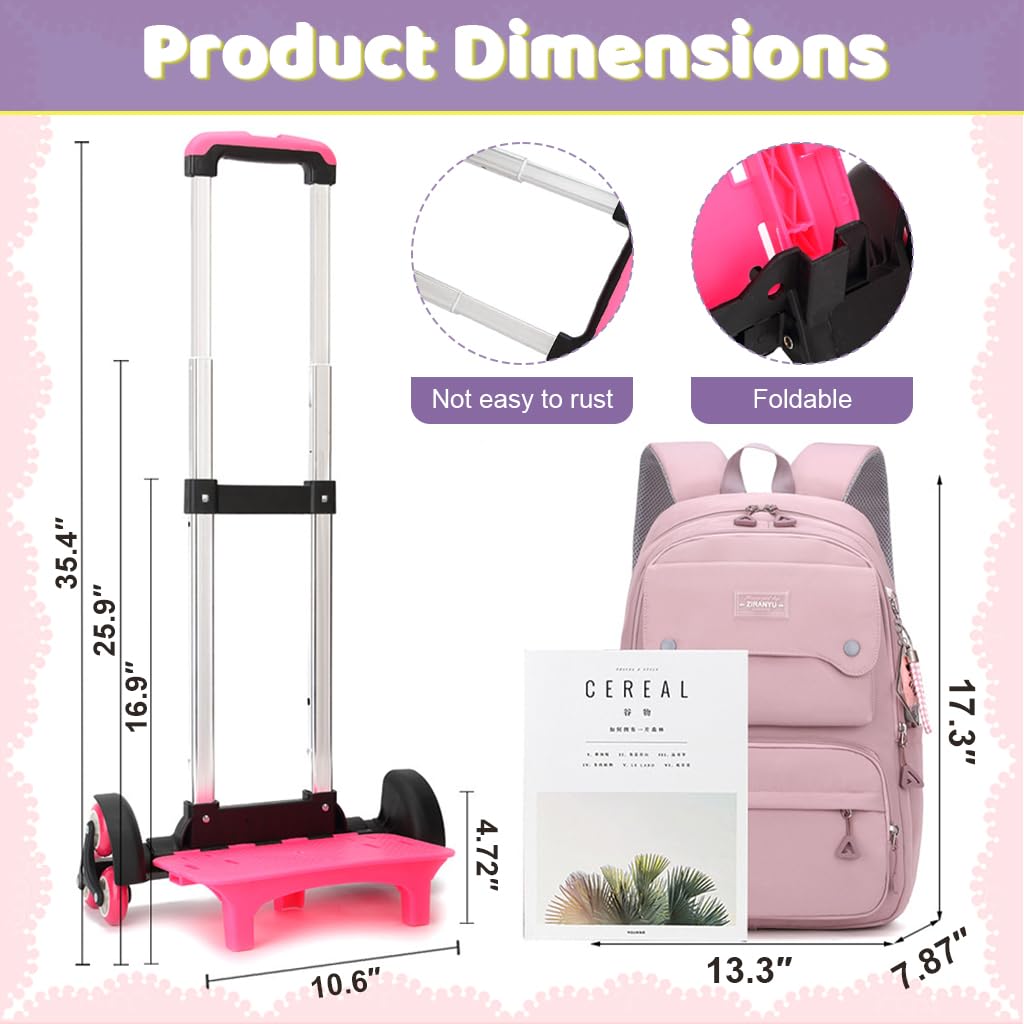 PALAY School Backpack on Wheels for Girls with 6 Rollers & Retractable Pull Handle | Detachable Wheel Stand and 14 Inch Storage