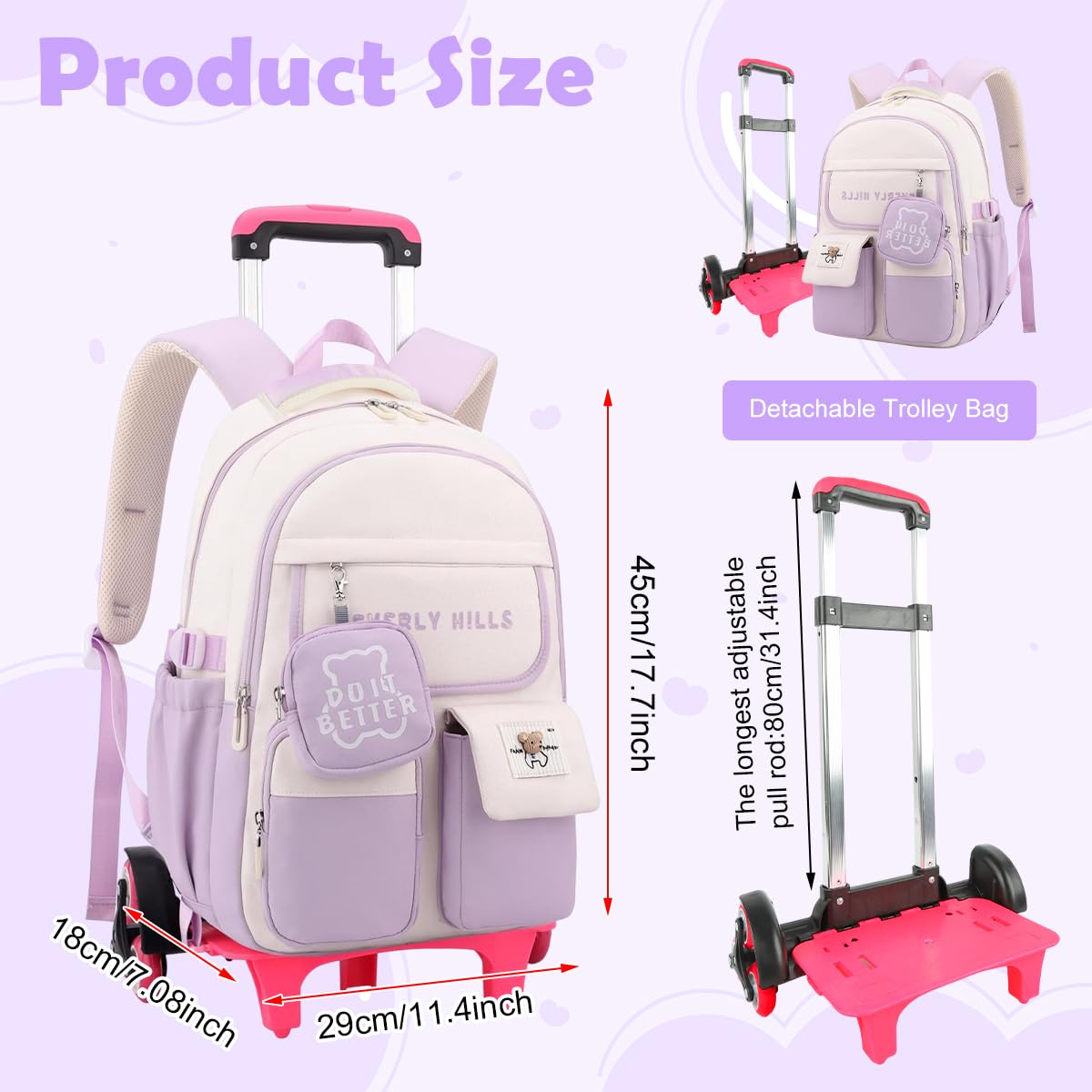 PALAY School Backpack with Wheels for Girls featuring 6 Wheel Metal Trolley and Retractable Handle