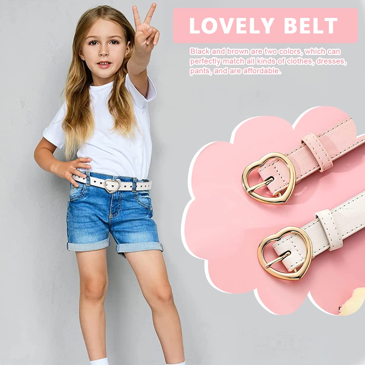 PALAY® Girls Belt for Jeans, 2 Pack PU Leather Kids Belt for Girls 6-12, Fashion Hollow Heart Metal Buckle Waist Belt for Girl Dress Pants Gift (Pink & White, Suit for Waist 26-30")