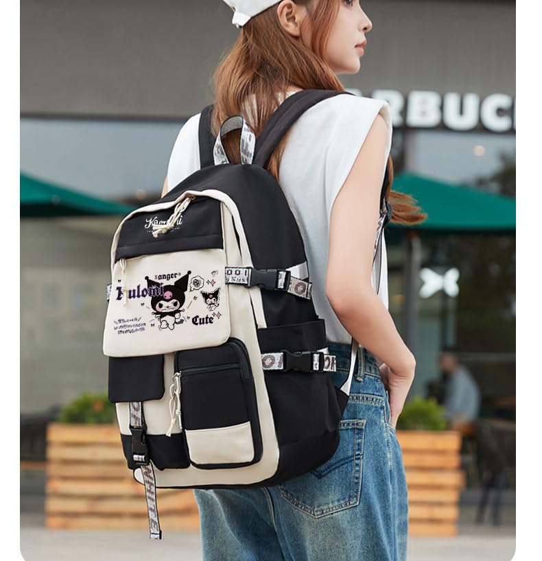 PALAY® Kuromi Backpack for School Girls 6-12 Years Old Teens Fashion Kawaii Kuromi Print School Backpack Large Multi Layer Book Bag Travel Backpack