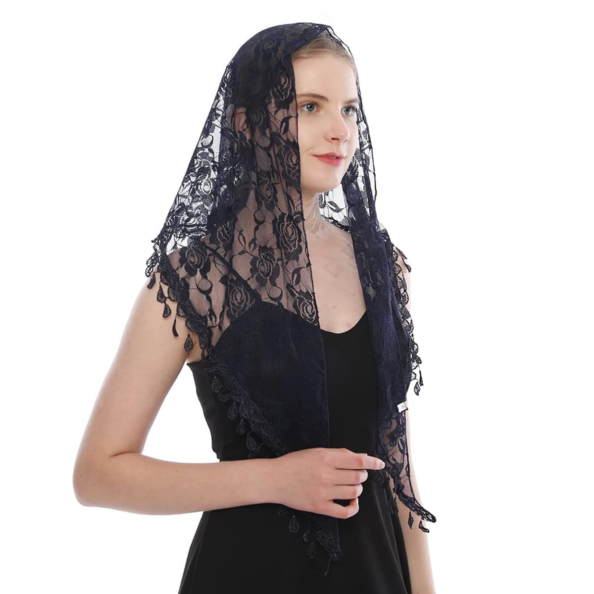 PALAY Lace Mantilla Mass Veil for Women featuring Rose Jacquard and Tassel Hem | Navy Blue