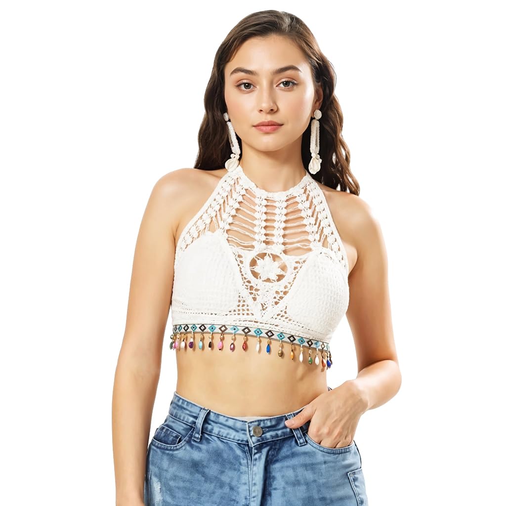 PALAY Women’s Crochet Halter Top for Summer Beachwear featuring Tie Back and Fixed Bra Pads