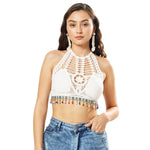 PALAY Women’s Crochet Halter Top for Summer Beachwear featuring Tie Back and Fixed Bra Pads