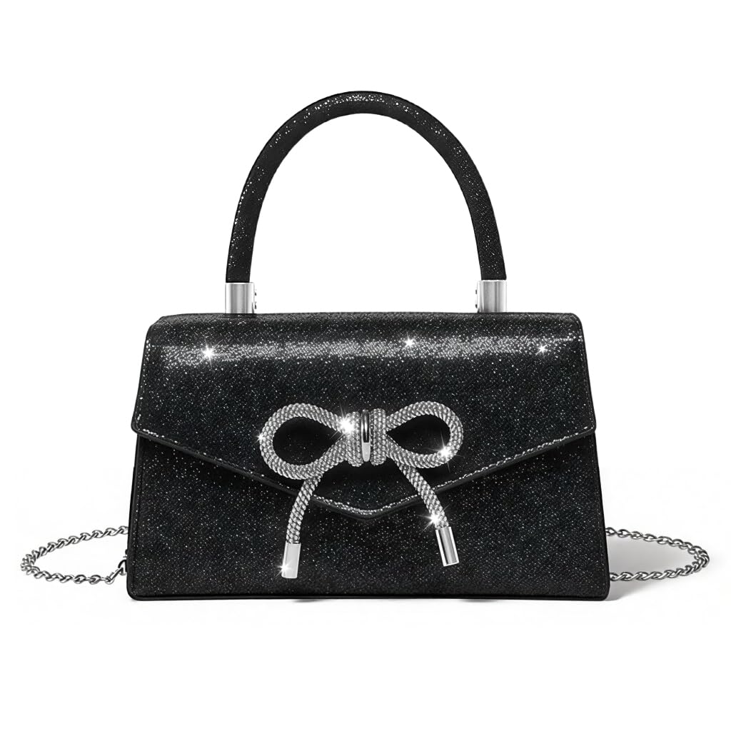 PALAY® Hand Bags for Women Stylish Black Glitter Bow Small Party Purse for Women Clutch with Detachable Chain Sparkling Elegant Bridal Crossbody Bag Cocktail Prom Evening Woman Handbags