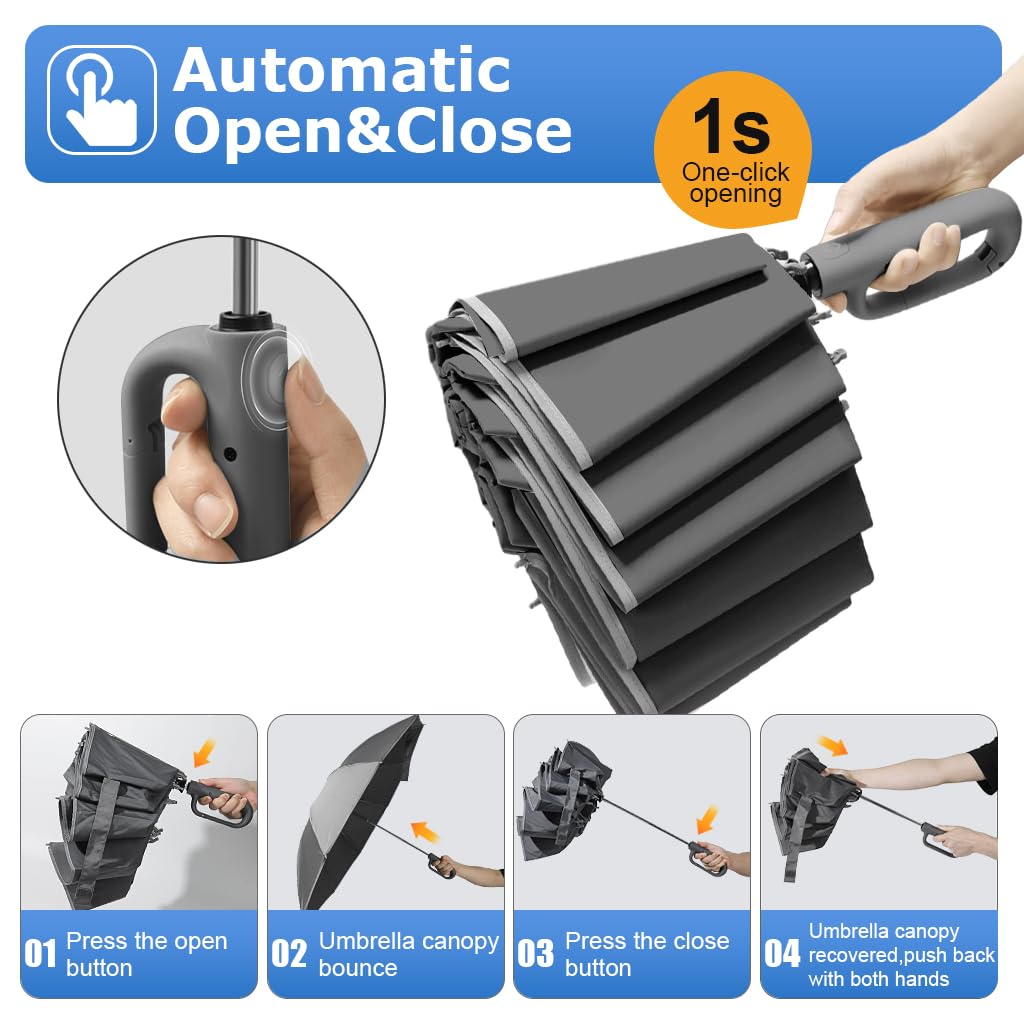 PALAY Umbrella with Reflective Strip and Auto 3 Fold Design featuring 10 Dual Ribs | Grey