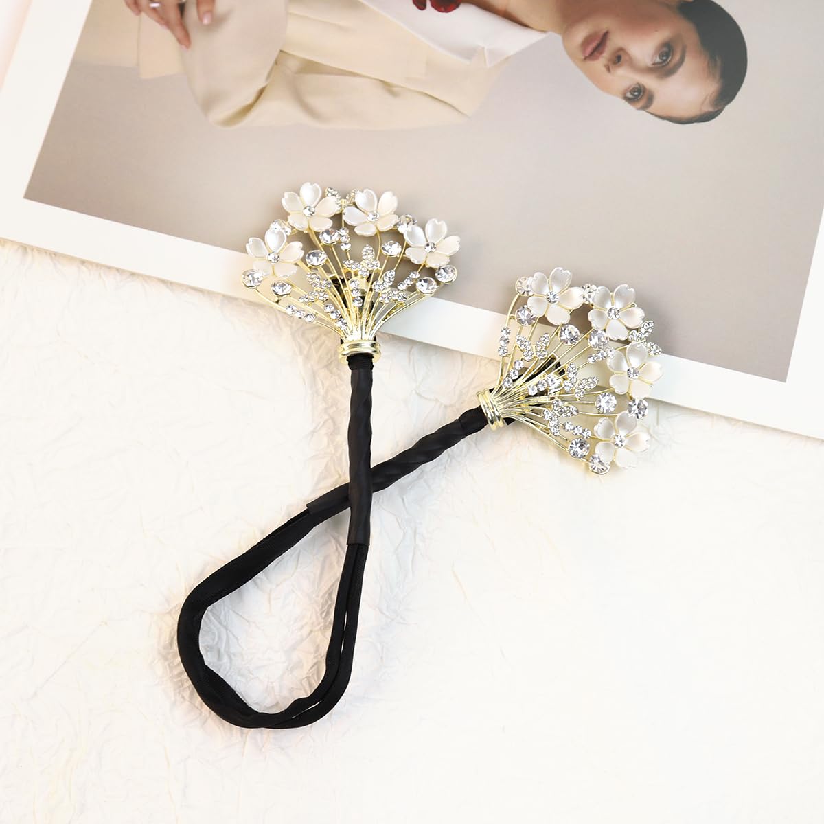 PALAY Juda Hair Bun Accessories for Women with Hidden Wire & White Floral Rhinestones | Quick Bun Maker for Daily and Party Hairstyles
