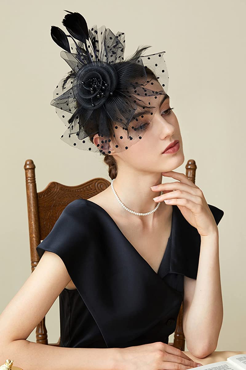 PALAY® Fascinator Hats for Women, Cocktail Tea Party Hat, Clip/Headband Flower Fascinator with Mesh Veil, Vintage Feather Headwear for Wedding Halloween - Black