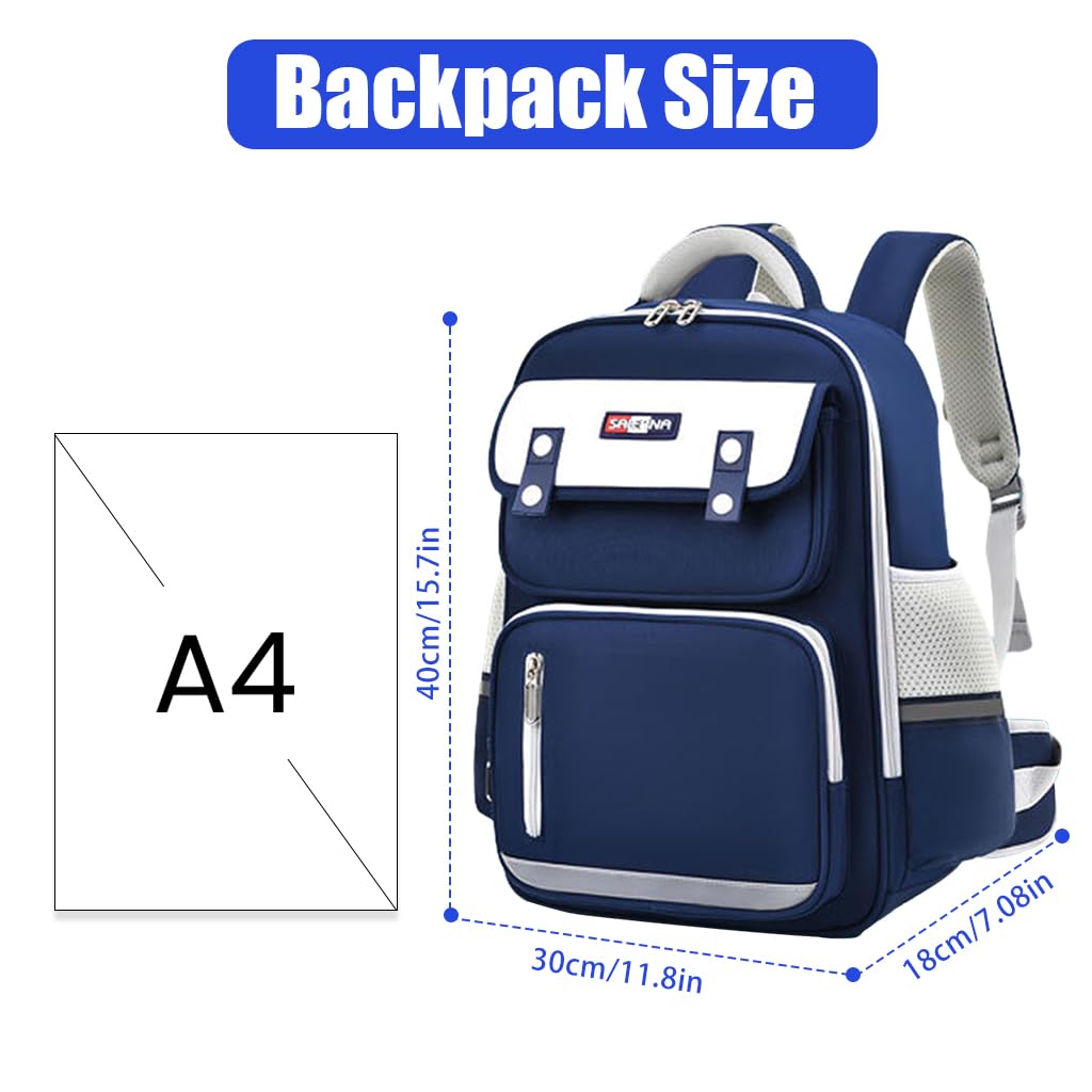 PALAY® School Backpack for Kids Waterproof School Backpack with Chest Buckle & Reflective Strip Kids School Backpack Burden-relief School Backpack for Kids 5-10 Years Old, Dark Blue