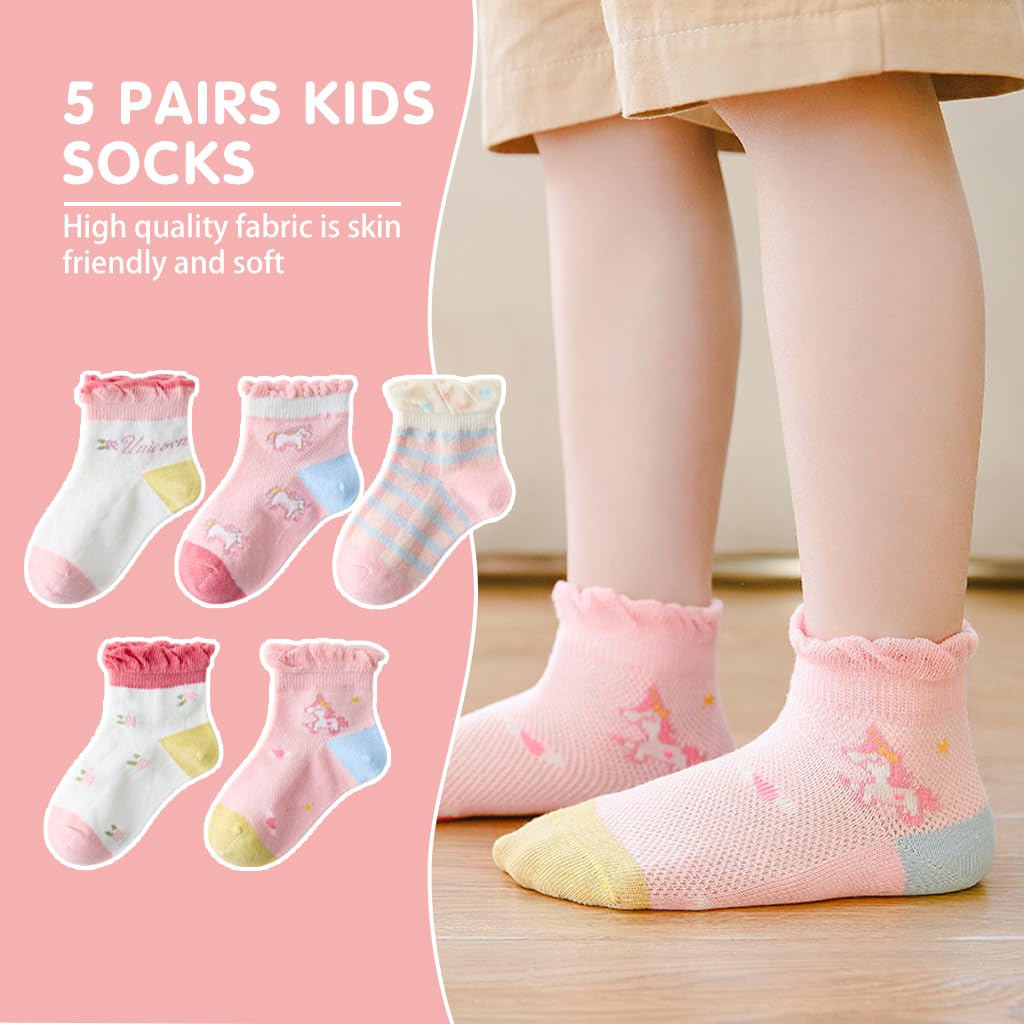 PALAY® 5 Pairs Kids Socks Girls Regular Socks Breathable Cotton Mesh Socks Home Socks Cartoon Unicorn Cotton Socks For Girls 6-8 Years Old, Multi