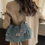 PALAY Vintage Hobo Bag for Women featuring Twist Lock Metal Closure and Soft Denim 33x12x21cm