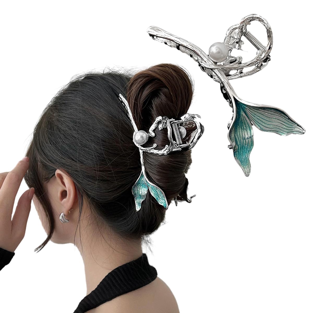 PALAY® Hair Claw Clip for Women Stylish Large Mermaid Pearl Hair Clutches Women Non-Slip Metal Hair Jaw Clips Strong Hold Bun Hair Accessories - Silver