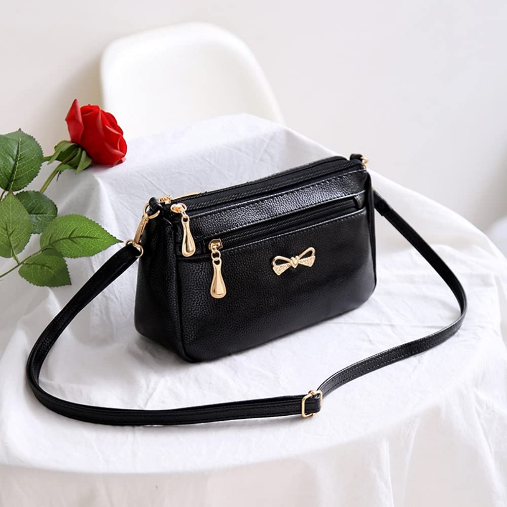 PALAY Small Crossbody Bag for Women with 4 Zipped Compartments 24×14×7cm Soft PU Leather Black