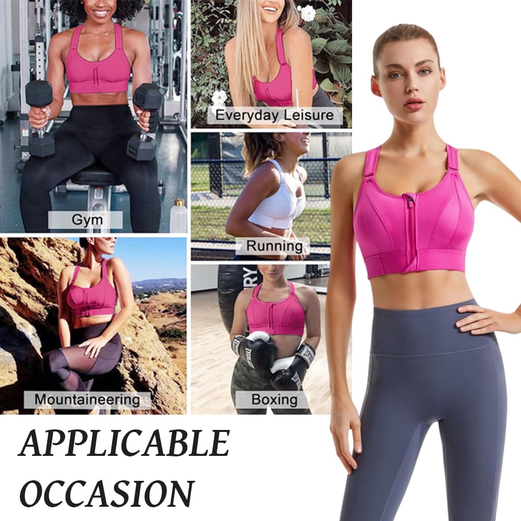 PALAY® Sports Bra Women Zip-up Sports Bra for High-impact Activities One Piece Breast Pads Adjustable Sports Bra Fashion RacerbackSports Bra for Running, Cycling, Aerobics, Boxing, XL, Pink