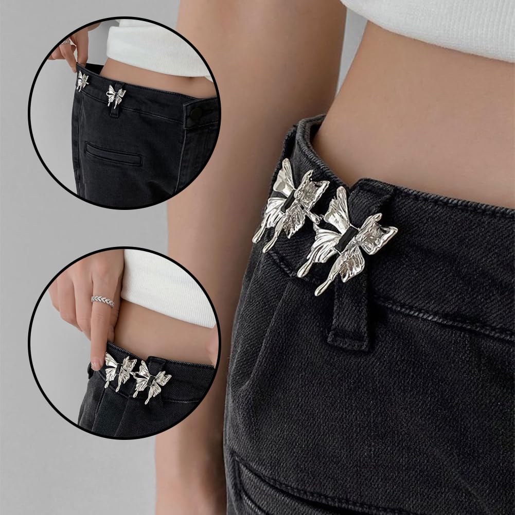 PALAY® 2 Pairs Cute Butterfly Button Pins for Loose Jeans No Sewing Adjustable Waist Body Extender for Jeans Fit Tighten Buckles for Women and Girls