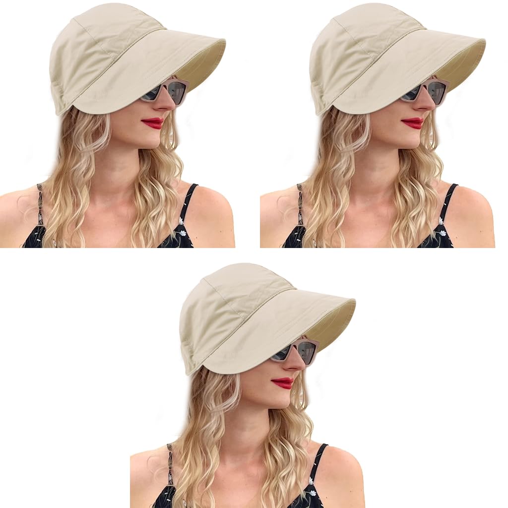 PALAY Sun Hat for Women featuring Wide Brim and Adjustable Drawstring | 3 PCS Beige Quick-Dry Caps