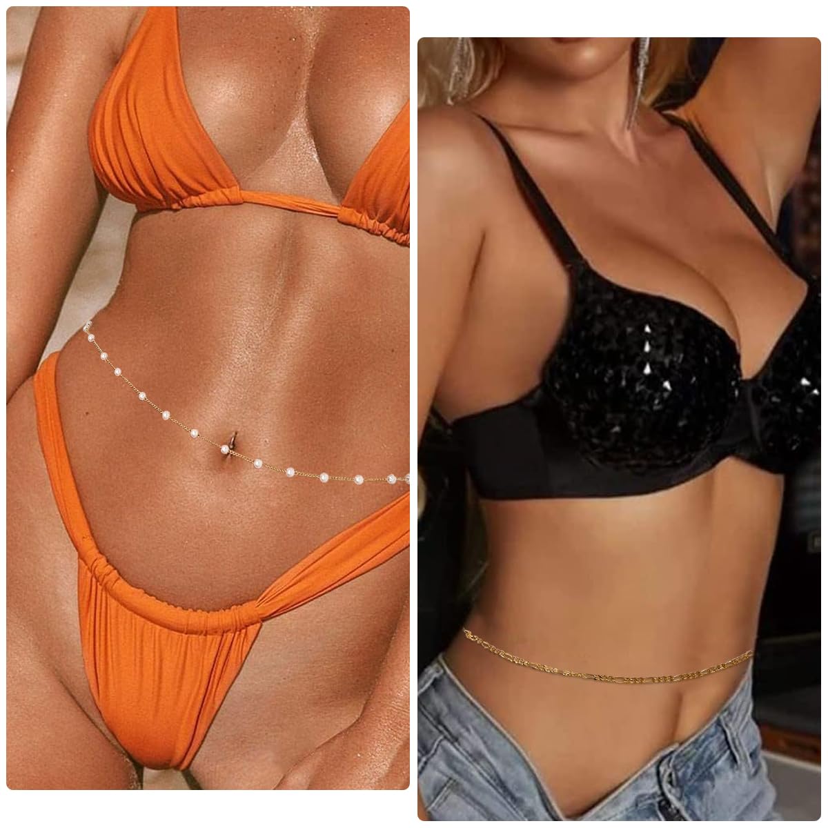 PALAY® 2pcs Pearl Waist Chain for Women Stylish Saree Gold Plated Belly Chain 2-Layered Ladies Body Hip Chain for the Waist Bikini Jewelry - 26-42in