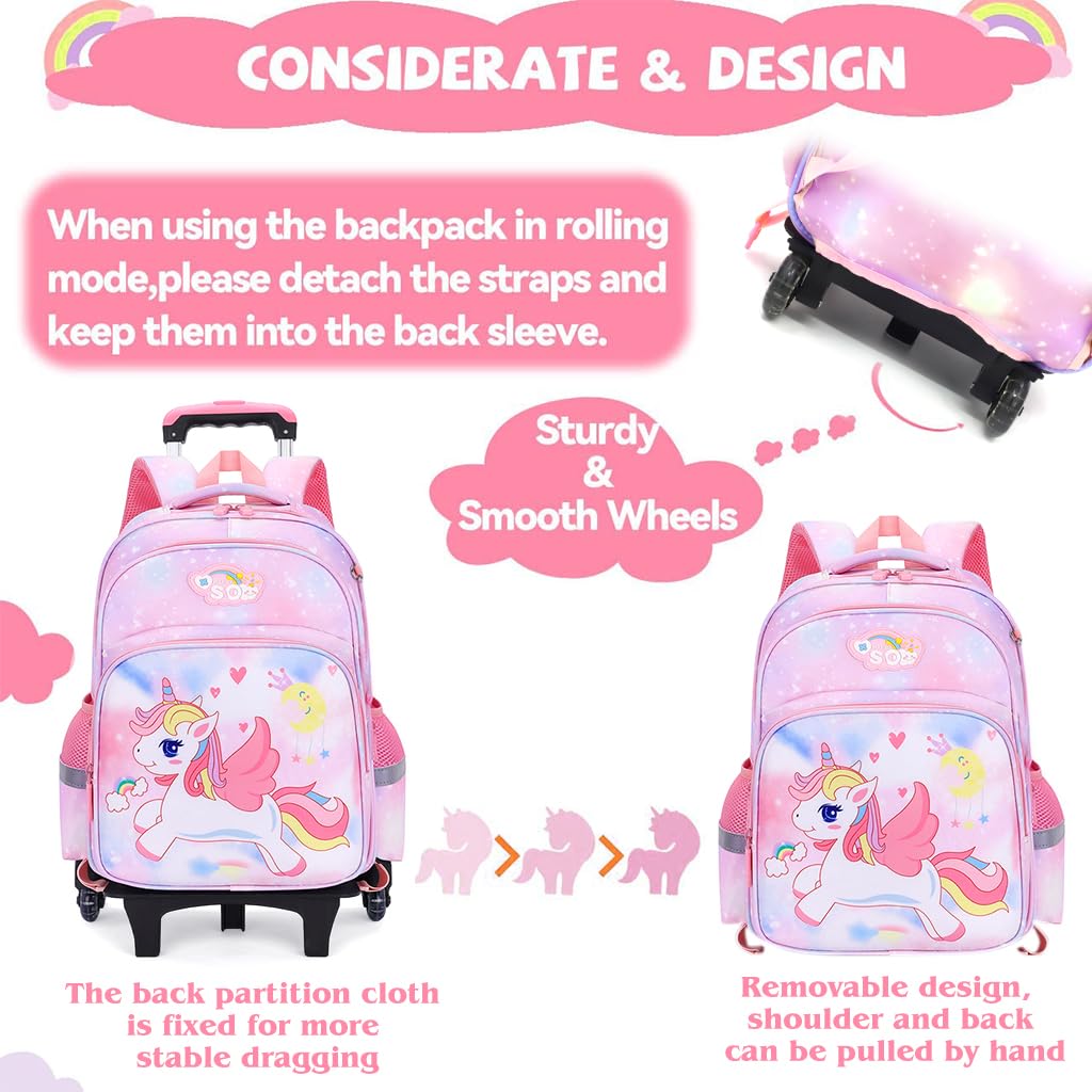 PALAY® School Bags for Girls Kids Unicorn Bags for Girls School Bags on Wheel Detachable Wheel Stand Gift School Bag for Girls Primary