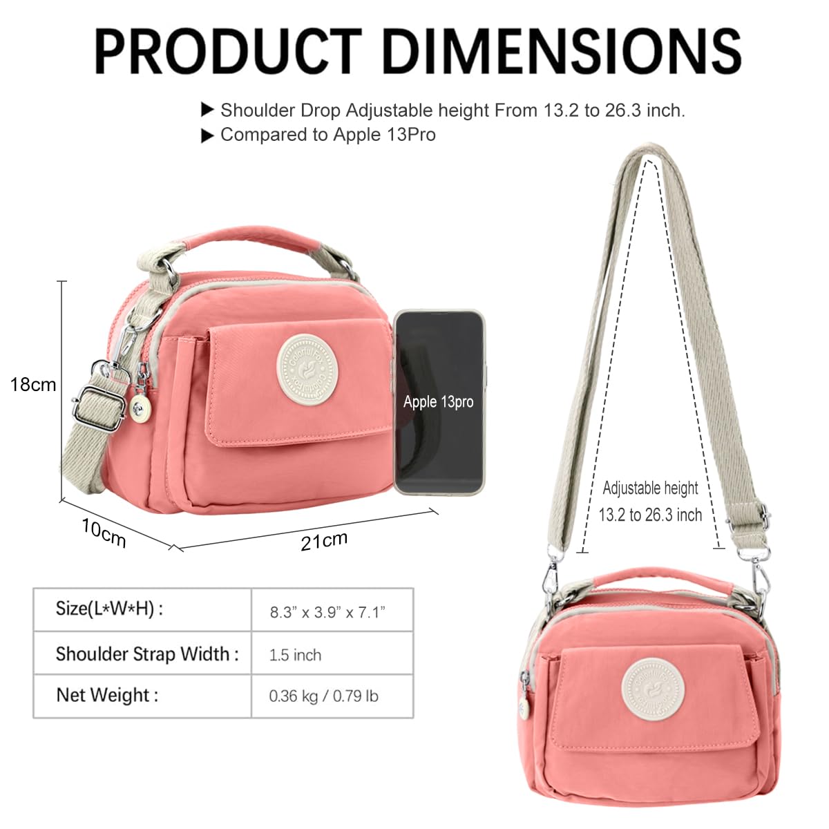 PALAY Womens Crossbody Bag for Travel with Triple Zipper Layers 21x10x18cm Waterproof Pink