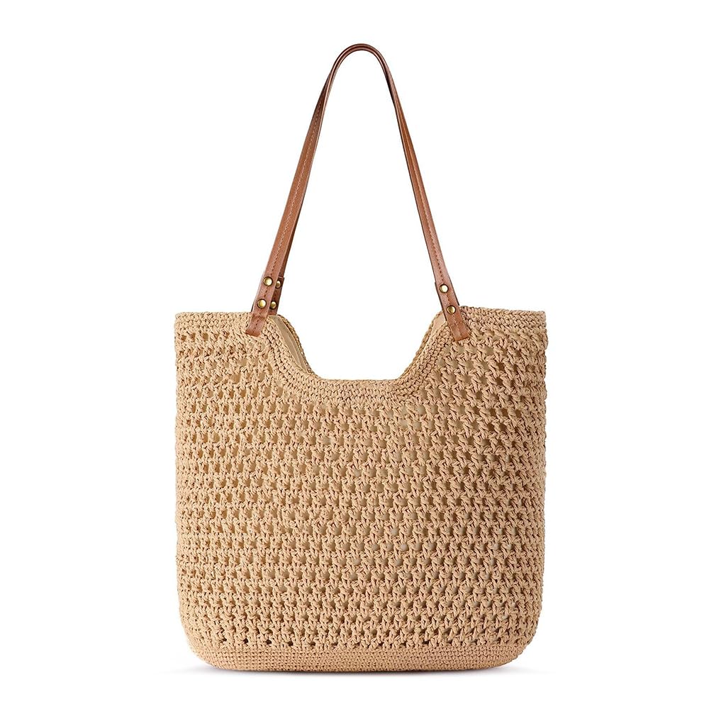 PALAY Crochet Beach Bag for Women featuring Leather Straps and Zipper Closure | Handmade Cotton Rope Tote