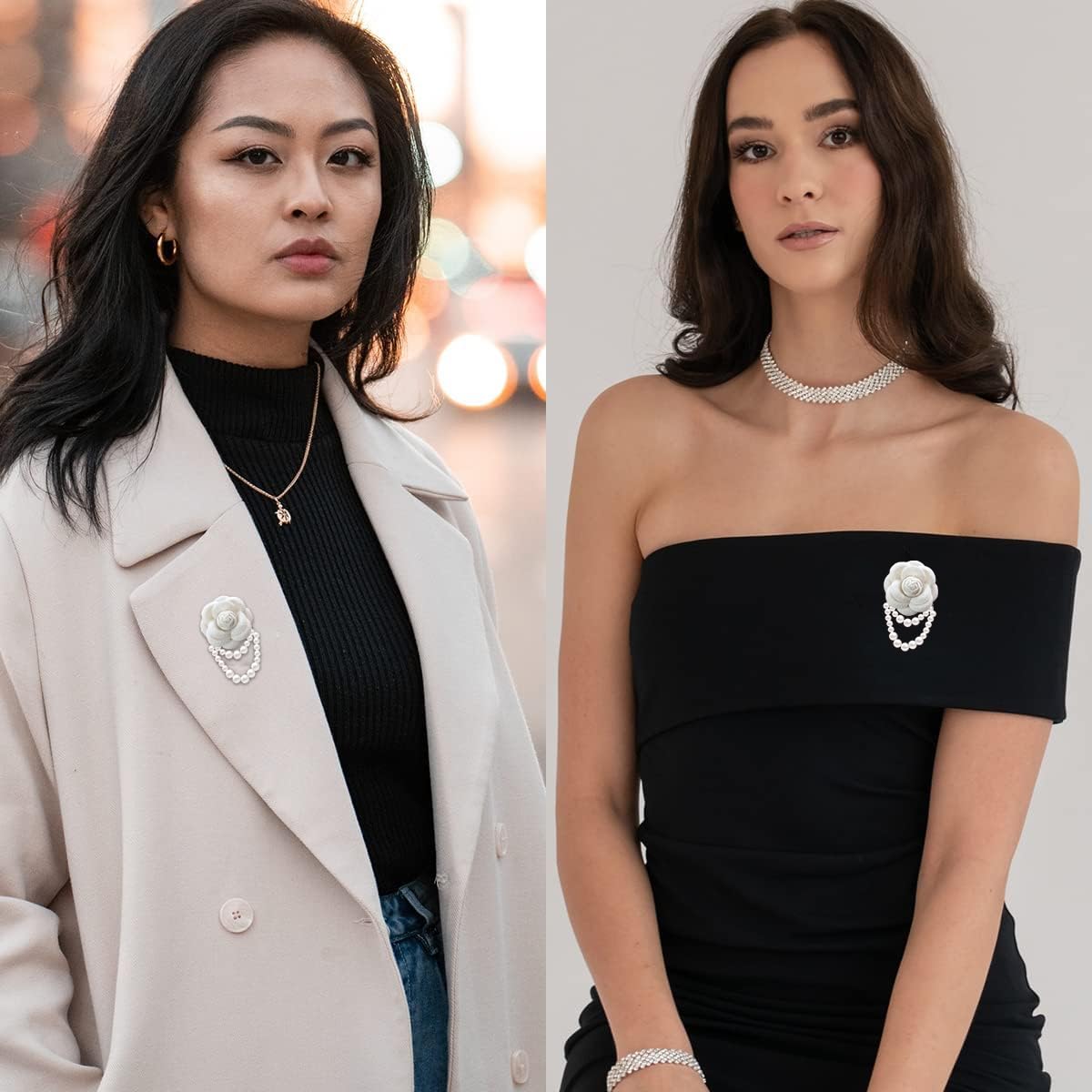 PALAY Camellia Flower Brooch for Women with Fabric Petals and Pearl Tassel | Elegant Gift