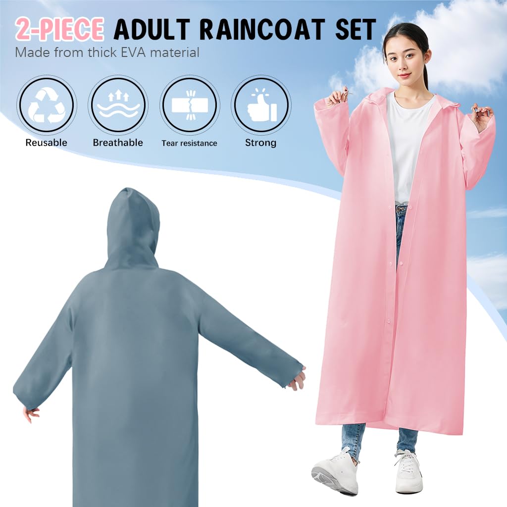 PALAY Rain Ponchos for Adults with Button Up Hood 120cm EVA Waterproof Design | 2 Pack Reusable Raincoat for Travel and Outdoor Use