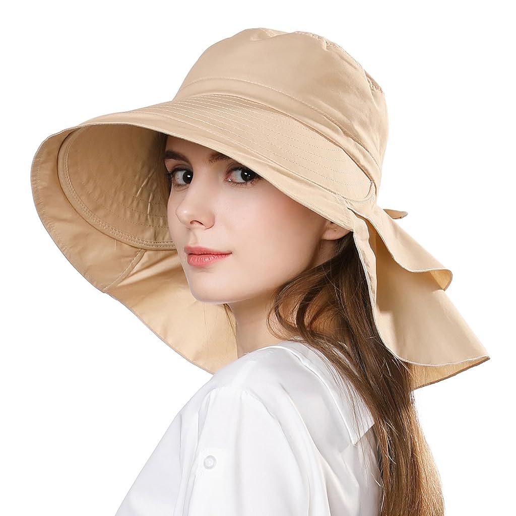 PALAY® Fashion Women Wide Brim Hat-UV Protection Summer Sun Hat with Ponytail Hole Back Neck Flap Cover,Khaki