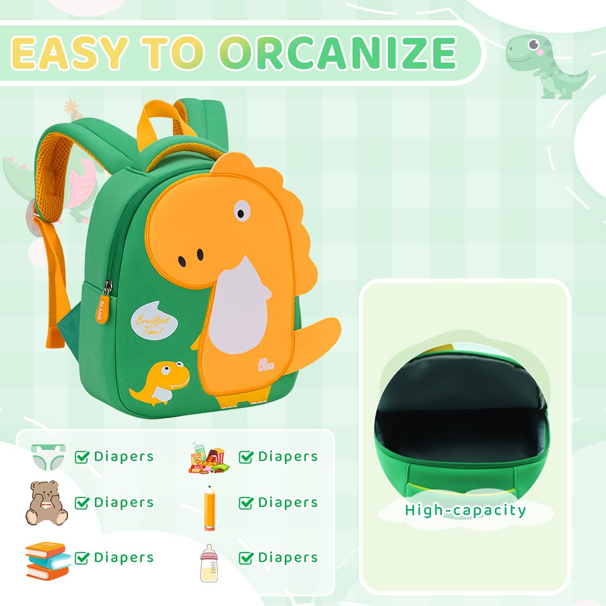 PALAY Kids School Backpack for Preschool with 33x26x12cm Storage | Neoprene Dinosaur Design
