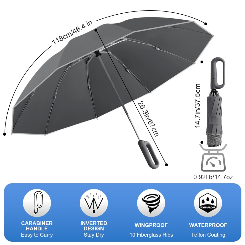 PALAY Umbrella with Reflective Strip and Auto 3 Fold Design featuring 10 Dual Ribs | Grey