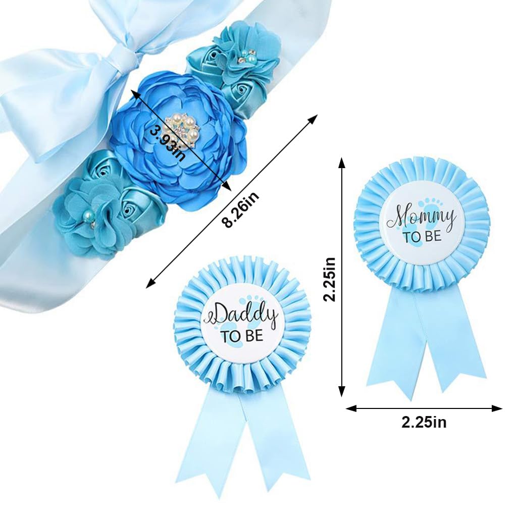 PALAY Mom to Be Flower Sash Set for Baby Shower with 70 in Belt and Blue Chiffon Flowers | Daddy to Be and Mommy to Be Pins