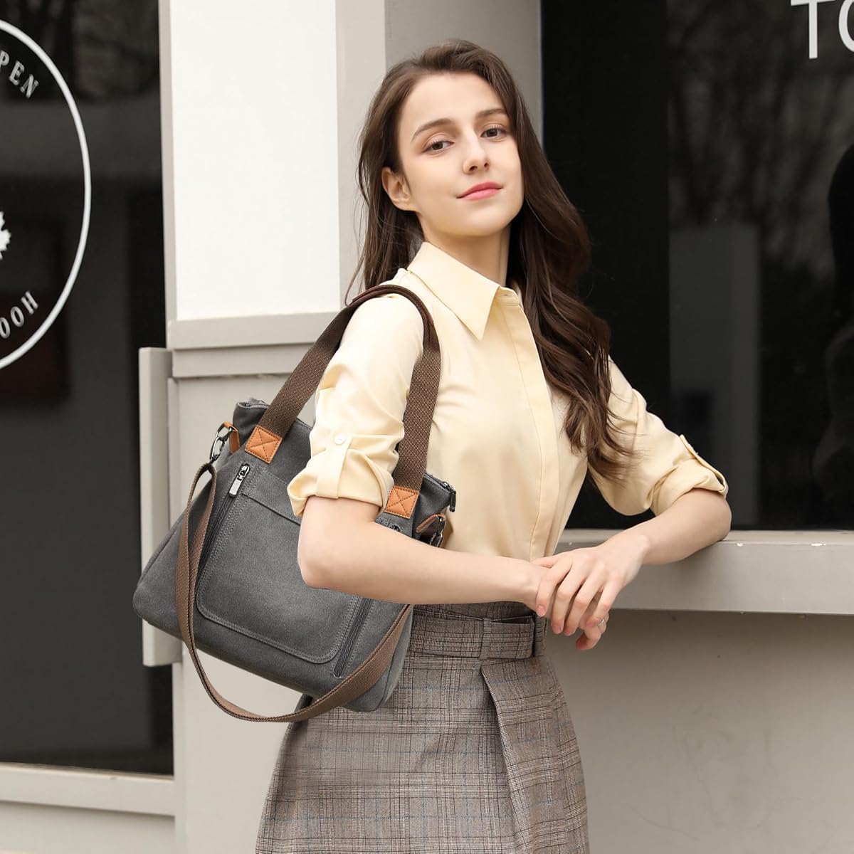 PALAY Handbag for Women featuring Detachable Strap and 35×12×32 cm Large Capacity Grey Canvas | Ideal for School and Work